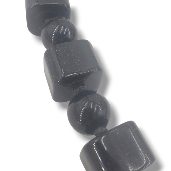 Vintage Black Beaded Necklace Cube Round Geometric Mod Statement - Picture 3 of 6